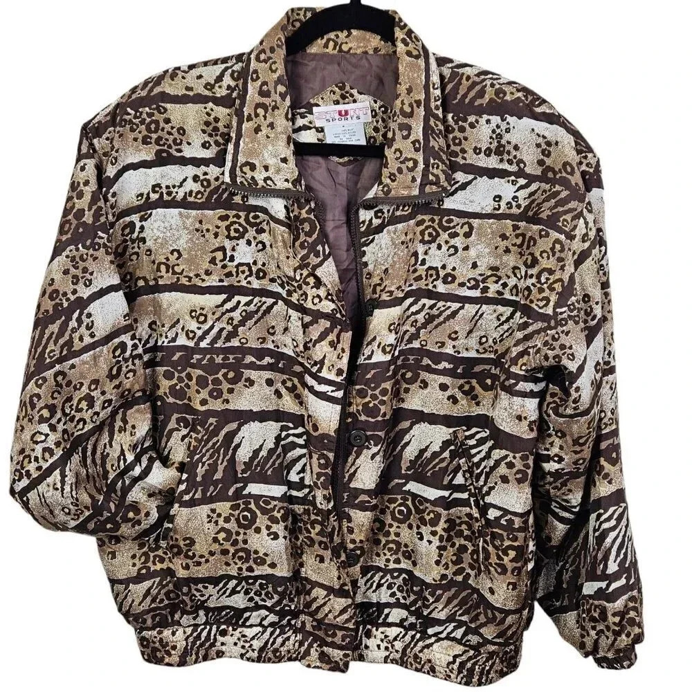 Vintage Women Stunt Sports Brown Bomber Jacket Size Medium 100% Silk‎ Leopard